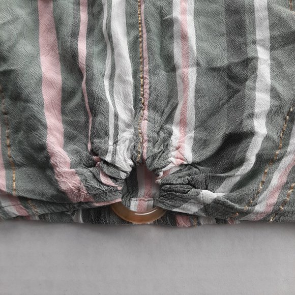 JUSTICE Girls V-Neck Short Sleeve Top Size 12 Green Pink White Gold Stripes Ring - Picture 2 of 5